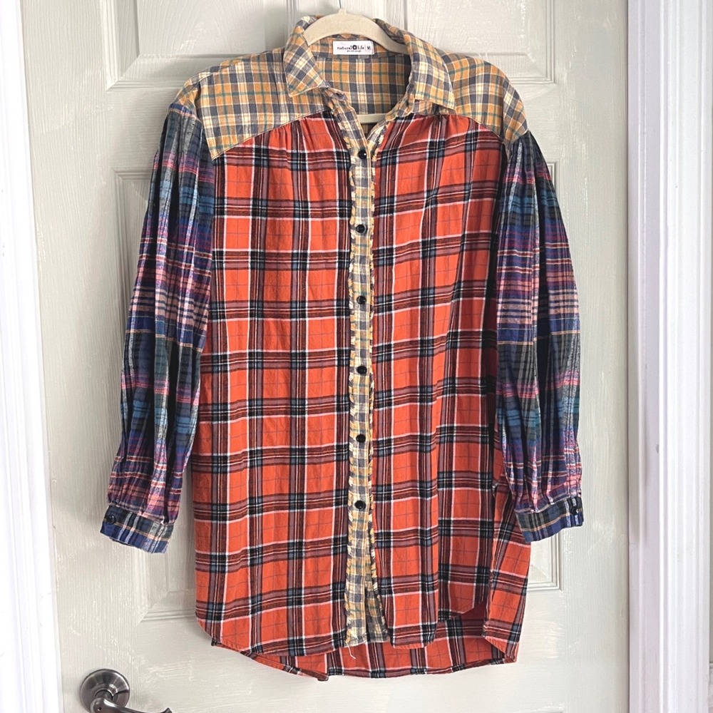 Natural Life Plaid Tunic Shirt M Womens Mixed Patchwork Flannel Orange Boho